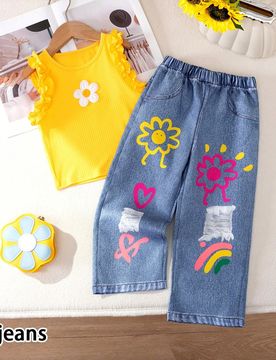 Conjunto de 2 piezas con efecto de impresión 3D para niñas, top sin mangas con manga de volantes y pantalones de moda, conjunto casual elegante para