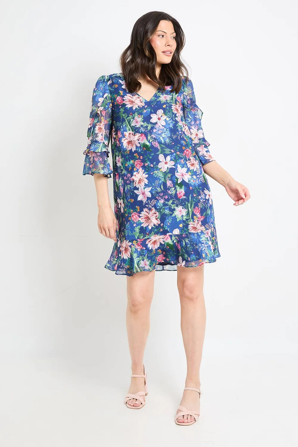 Floral Print Ruffle Shift Dress - Navy - Size: 16 - Wallis - FashionsVida