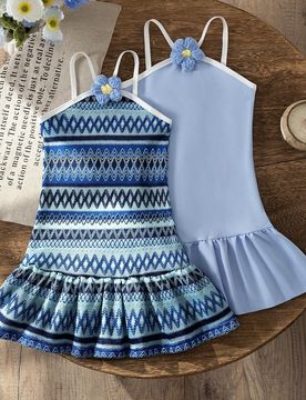 Set de 2 piezas: Vestido casual y lindo con tirantes florales + Vestido de punto jacquard para niña, conjunto de moda
