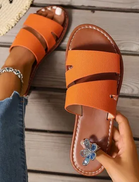 Sandalias planas informales de moda para mujeres, sandalias romanas tejidas de punta abierta con slip-on de verano para playa, exterior, blanco, caqui - Shein - FashionsVida