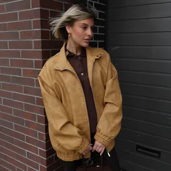 Autumn Loose Fit Leather Jacket with Stand Collar and Zipper