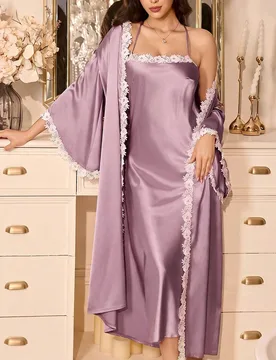 Conjunto de pijama de 2 piezas con vestido camisola y bata de satén elegante y maduro para mujer - Shein - FashionsVida