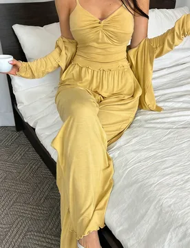 Conjunto de 3 piezas de ropa de estar en casa de unicolor con diseño de punto retorcido, camisola, cárdigan y pantalones para mujer, pijamas - Shein - FashionsVida