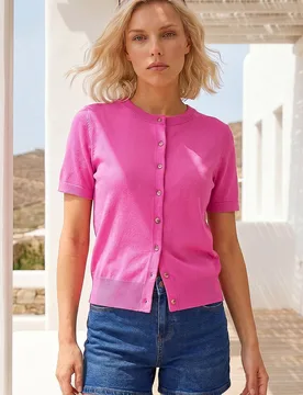 Women's Petite Buttoned Up Cardigan Sweater in Pink Size: 16 - Pink - Size: 16 - Roman - FashionsVida