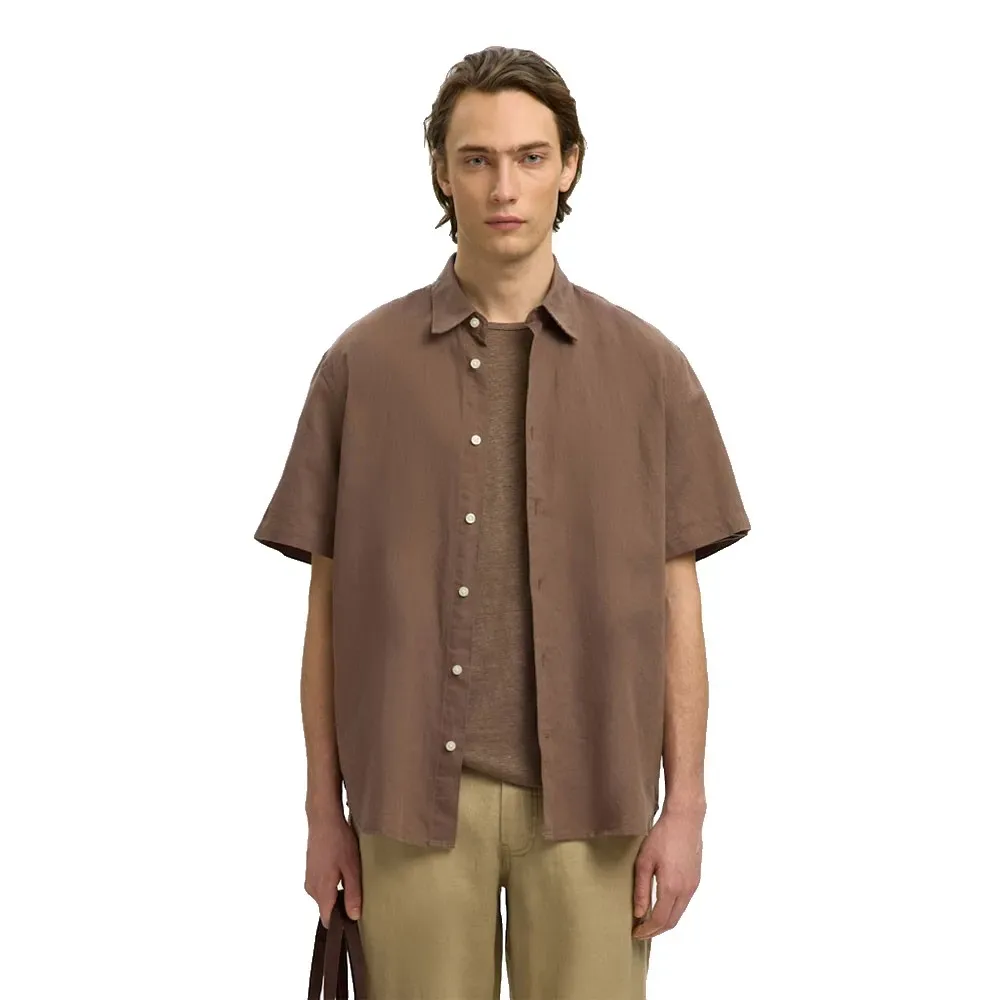 Camicia A Maniche Corte Regclaus Clay Linen Chocolate Chip M - Selected - FashionsVida