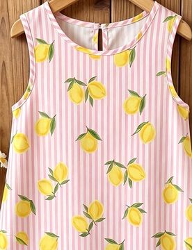 Vestido sin mangas de cuello redondo con estampado de rayas y limones para niñas jóvenes