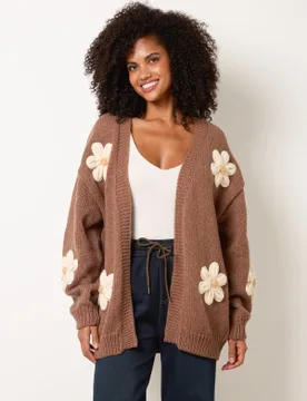 Daisy Large Flower Cardigan - S/M / COFFEE - female - Blue Vanilla - FashionsVida