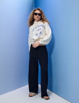 Pantaloni larghi a righe con mix di viscosa - blu scuro