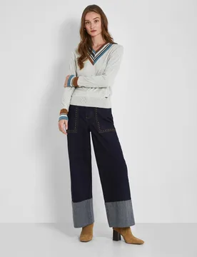 Pantalón ancho de mujer de algodón con contrate en el bajo - Trucco - FashionsVida