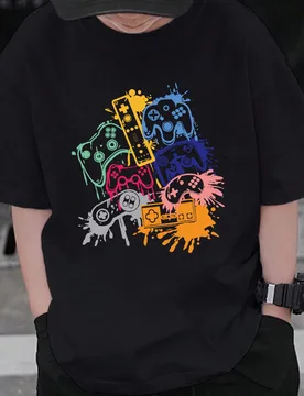 Camiseta de manga corta de cuello redondo casual negra con estampado, de verano, para niños preadolescentes - Shein - FashionsVida