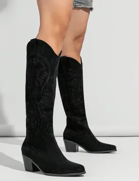 Botas de moda para mujer de tacón medio con punta puntiaguda, bordado occidental para otoño/invierno, botas vaqueras para mujer, botas de vaquera, C - Shein - FashionsVida