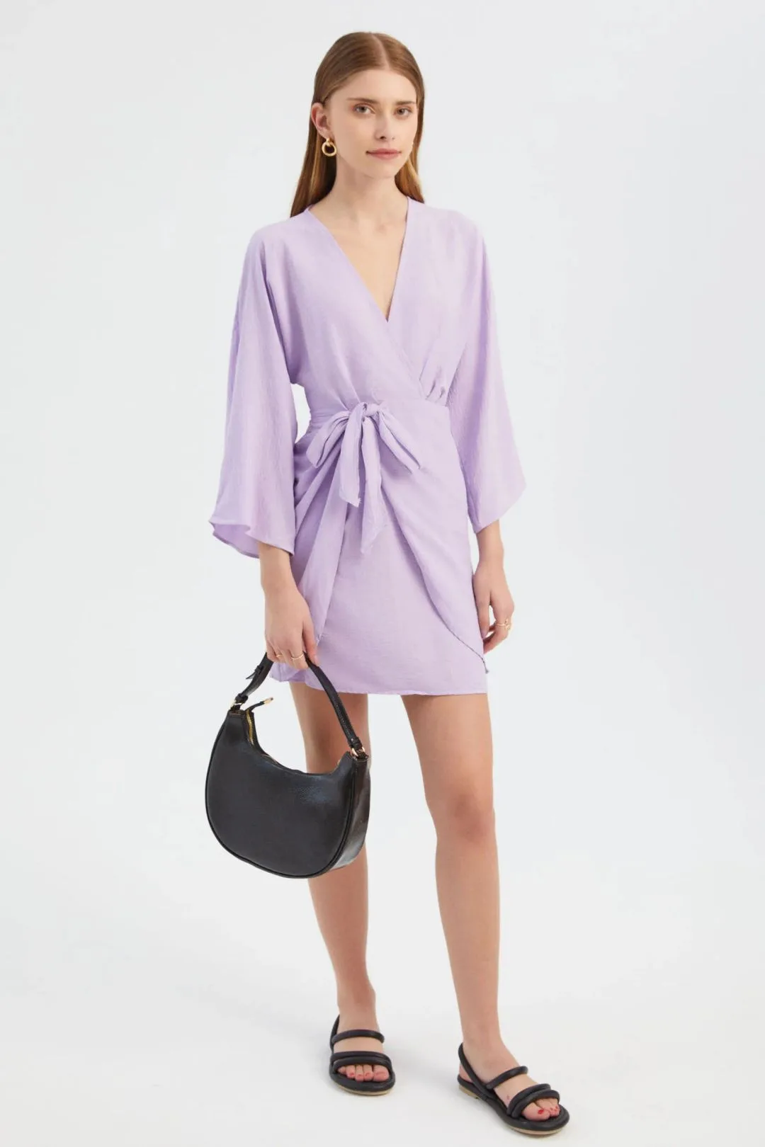 Womens V Neck Balloon Sleeves Mini Wrap Dress - Lilac - Size Large - Hiccup - FashionsVida