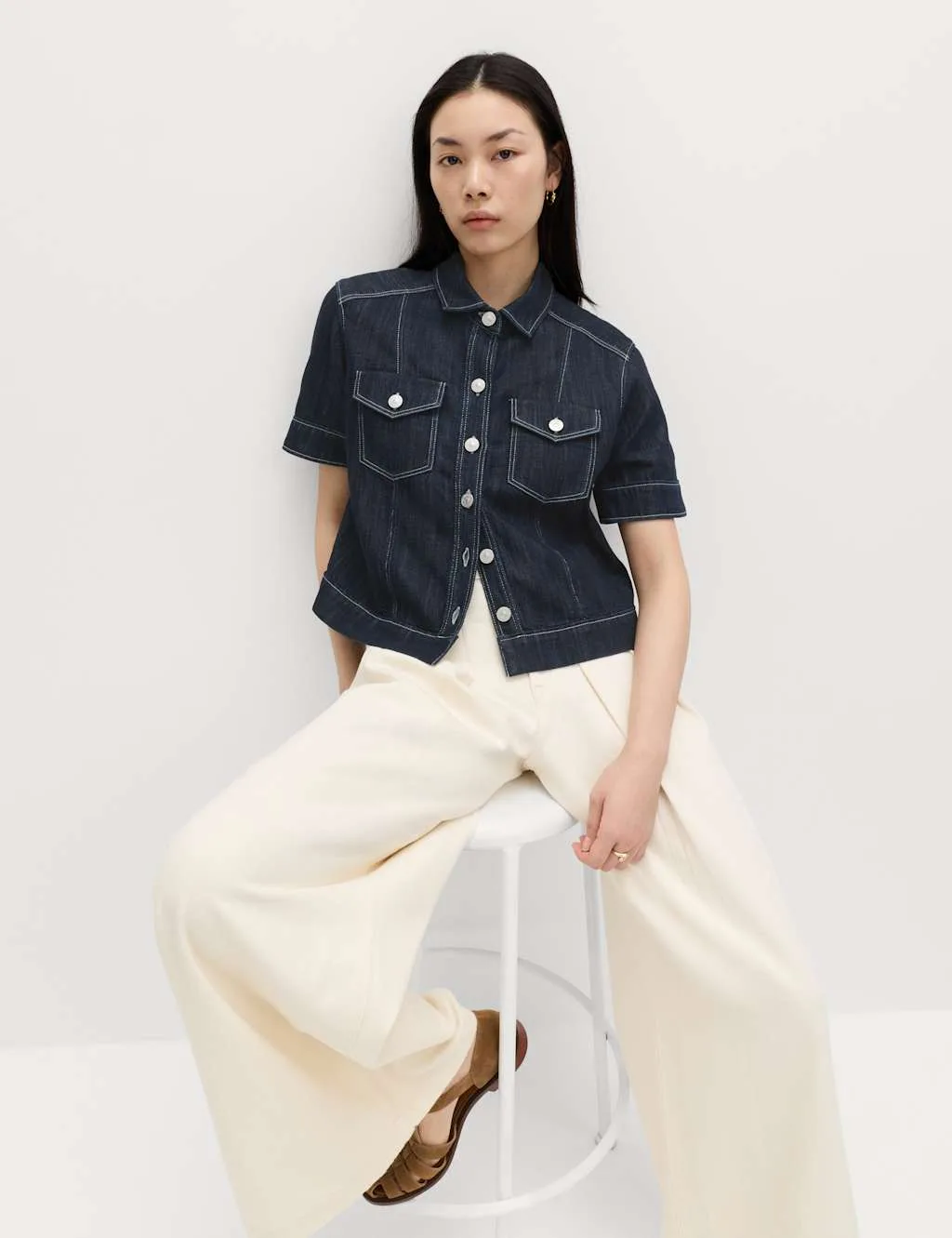 Cotton Rich Denim Utility Short Sleeve Shirt Denim female - M&S - FashionsVida
