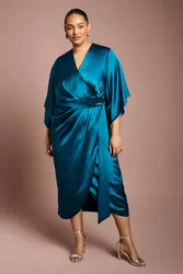 Plus Satin Pleat Front Midi Wrap Dress - Teal - Size: 22