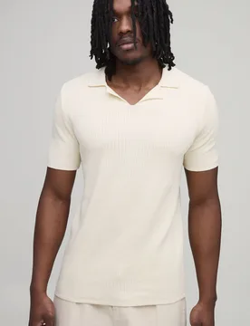 Mens Tall Regular Fit Cotton Blend Ribbed Knitted Polo - Ecru - Size Medium - boohooMAN - FashionsVida