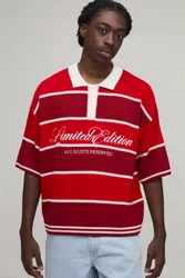 Herren Normal Geschnittenes Strick-Poloshirt Mit Varsity-Streifen Und Stickerei Red Größe Large