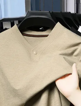 Men's New Chinese Style V-neck T-shirt, fashionable short-sleeved versatile trendy solid color new lightweight luxury top - Aliexpress - FashionsVida