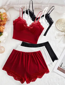 Conjunto de 6 piezas de lencería sexy para mujer, camisola con tirantes ajustables & shorts tipo bóxer, con ribete de encaje, elástico cómodo y el - Shein - FashionsVida