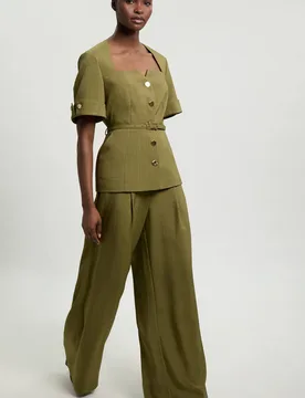 Women's Viscose Blend Wide Leg Tailored Trouser in Olive Size: 6 - Olive - Size: 6 - Karen millen - FashionsVida