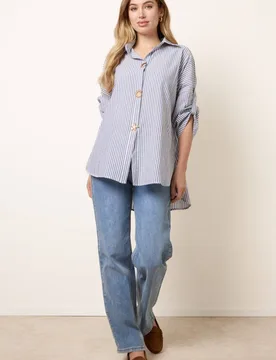 Women's Dark Indigo Long Sleeve Button Up Collar Blouse Size: Medium/Large - Dark Indigo - Size: M/L - Blue Vanilla - FashionsVida