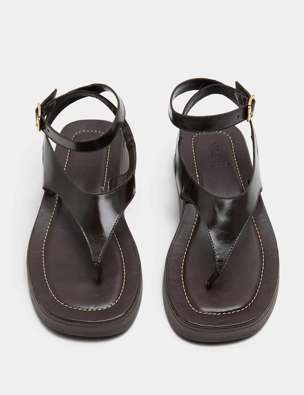 Leather Ankle Strap Flatform Toe Post Sandals Brown female - M&S - FashionsVida