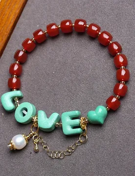 Natural Red Agate Bracelet for Women: Simple and Stylish with Barrel Beads,Pearl Pendant,Aquamarine, Turquoise and “LOVE” Charms - Aliexpress - FashionsVida