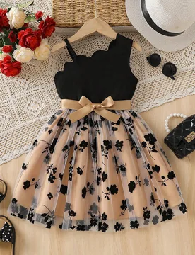 Vestido de tul retro para niña, vestido de tul con tirantes asimétricos y patchwork (con cinturón), adecuado para fiesta de cumpleaños, actuación - Shein - FashionsVida
