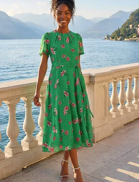 Womens Floral Chiffon Pleated Dress - Green - Size 10 Uk - Roman - FashionsVida