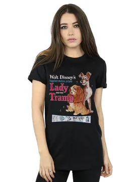 Women's Lady & The Tramp Distressed Classic Poster Cotton Boyfriend T-Shirt in Black Size: XL - Black - Size: XL - Disney - FashionsVida
