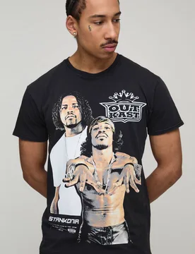Herren Regular Fit OutKast Acid Wash Lizenz-Print T-Shirt Washed Black Größe Medium - boohooMAN - FashionsVida
