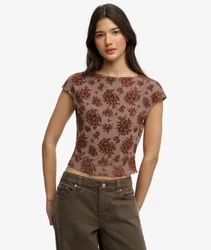 Superdry Damen Beflocktes Mesh-oberteil mit Kurzen Ärmeln Brown - Größe: 34