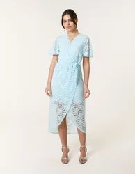 Lace Wrap Over Midi Dress - 8 / Light Blue - female