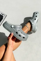 Women's Sparkly Glitter Splash Clog Sliders in Silver Size: 7 - Silver - Size: 7