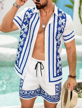 Conjunto de camisa y pantalones cortos casuales de vacaciones para hombres con estampado de rayas y árboles de coco - Shein - FashionsVida