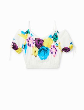 Blouse courte froncée fleurs M.Christian Lacroix, Viscose, Blanc, XS