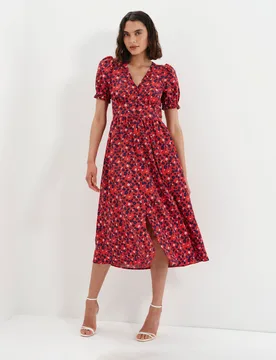 Floral V-Neck Midi Puff Sleeve Waisted Dress Red Mix female - Finery London - FashionsVida