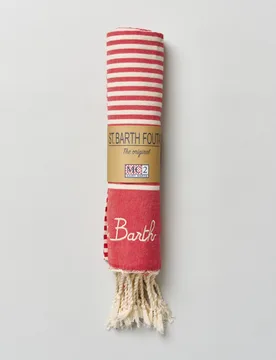 Telo mare in cotone a righe orizzontali panna e rosse con frange al fondo e scritta logo ricamata - MC2 SAINT BARTH - FashionsVida