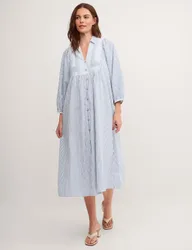 Pure Cotton Striped Midi Smock Dress Blue Mix female