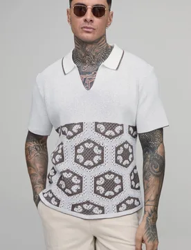 Men's Tall Oversized Boxy Crochet Tapestry Knitted Polo Taupe Size X-Large Taupe XL - boohooMAN - FashionsVida