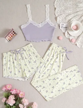 Conjunto de pijama para mujer con top de cami de encaje de contraste, pantalones cortos y largos con estampado floral pequeño - Shein - FashionsVida