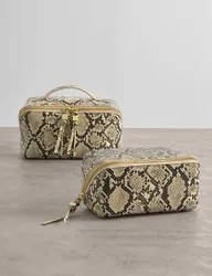 Faux Leather Snake Print Makeup Bag Beige Mix female