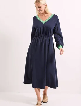 Rib Contrast Detail V Neck Midi Dress - Navy - Size: 12 - Debenhams - FashionsVida