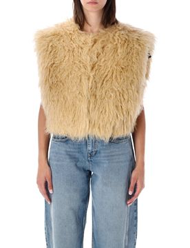 Florana Faux Fur Gilet Vest with Collarless Design, Side Pockets & Hook Closure