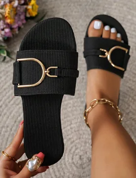 Sandalias planas de verano para mujer con hebilla en forma de D de oro rosa, nuevas zapatillas de estilo hada súper populares y versátiles para el h - Shein - FashionsVida