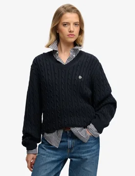 Superdry Damen OverGrößed Zopfmuster-pullover mit V-ausschnitt Navy - Größe: 42 - 64.99 - FashionsVida