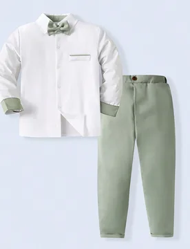 Piezas Conjunto de camisa verde para niños pequeños Caballero: Camisa verde de manga larga + Corbata de moño + Pantalones verdes, Conjunto elegante - Shein - FashionsVida
