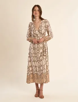 Vestido largo satindado con estampado y lazada - Molly Bracken - FashionsVida
