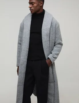 Herren Oversized Einreihiger Schalkragen Selbstgegürteter Longline Bouclé Mantel Grey Größe XS - boohooMAN - FashionsVida