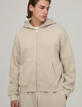 Mens Essential Oversized Boxy Zip Through Hoodie - Beige Cotton - Size 4xl - boohooMAN - FashionsVida