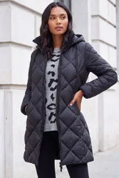 Women's Diamond Quilt Padded Coat in Black Size: 16 - Black - Size: 16